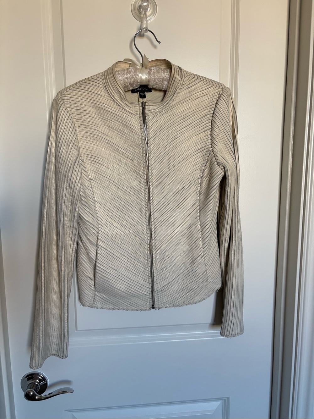 Bebe Cream white Textured Zip-Front Leather Jacket
